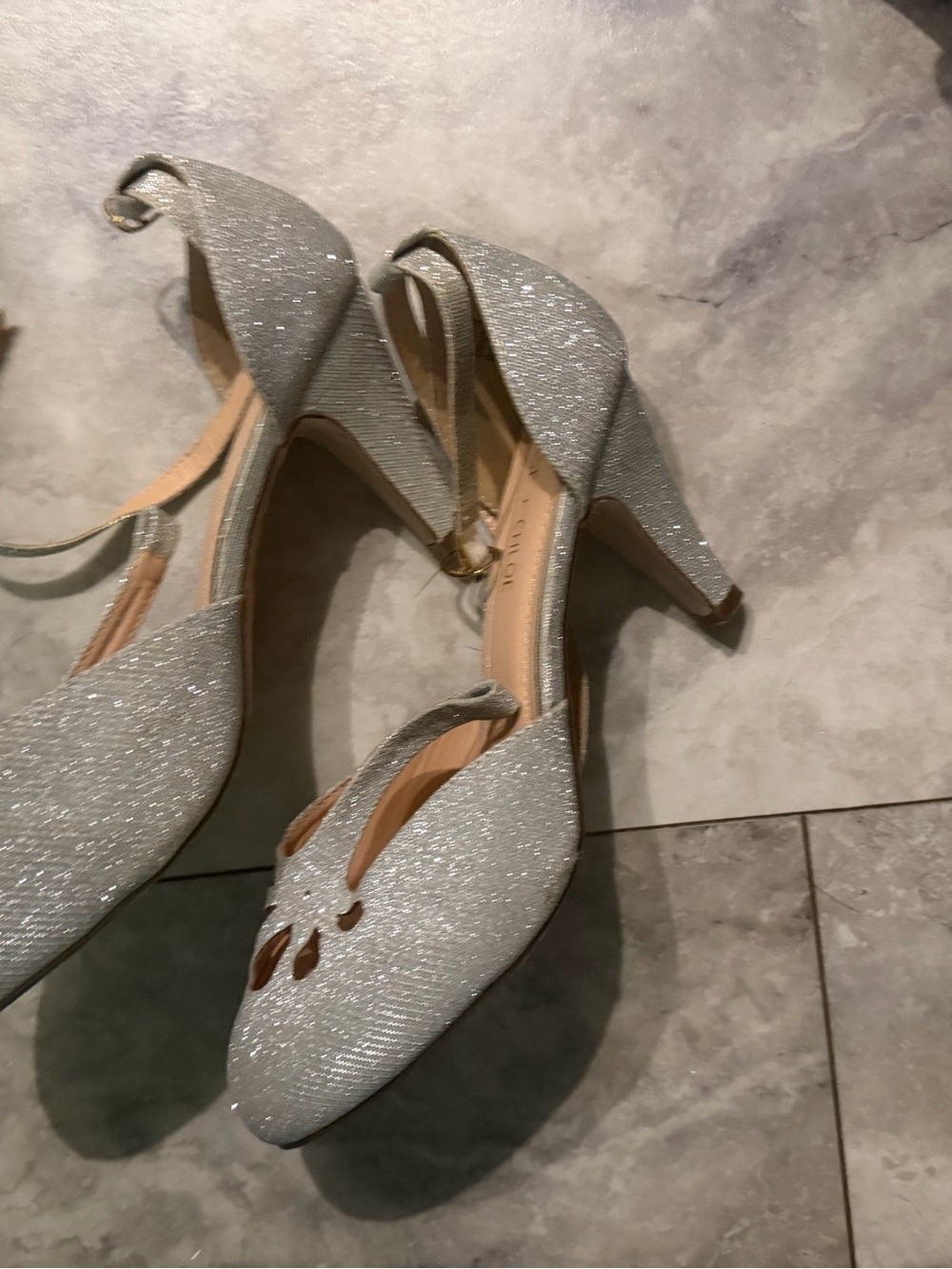 Silver Glitter Mid‑Heel Dress Pumps with Ankle Strap